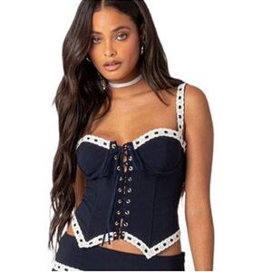 Edikted navy blue and white eyelet corset top
